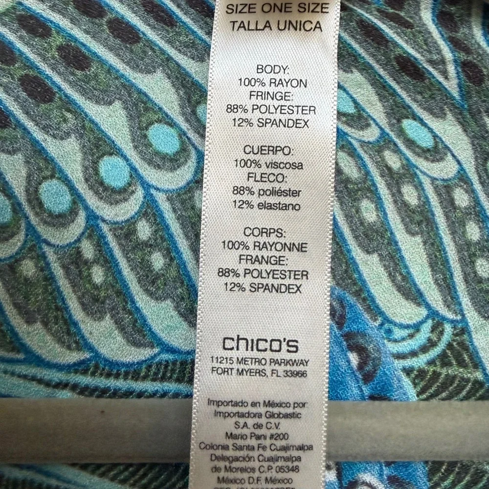 Chicos Imperial Peacock Fringe Ruana Shawl Wrap‎ Scarf NEW Festival Boho Western